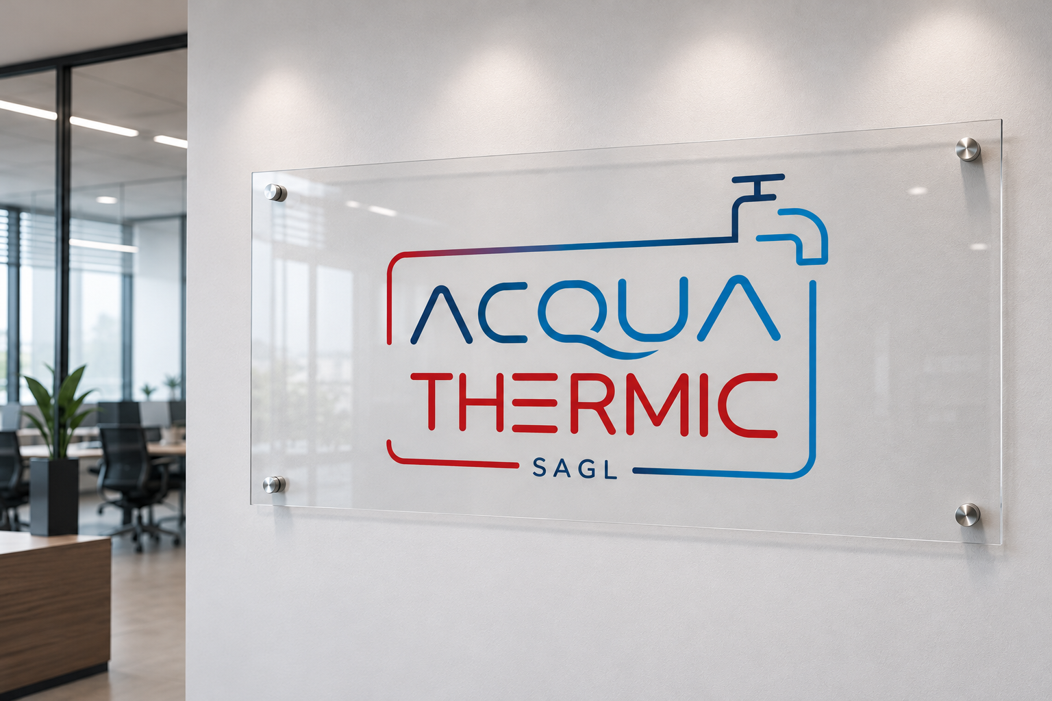 Insegna acrilica Acqua Thermic in ufficio moderno