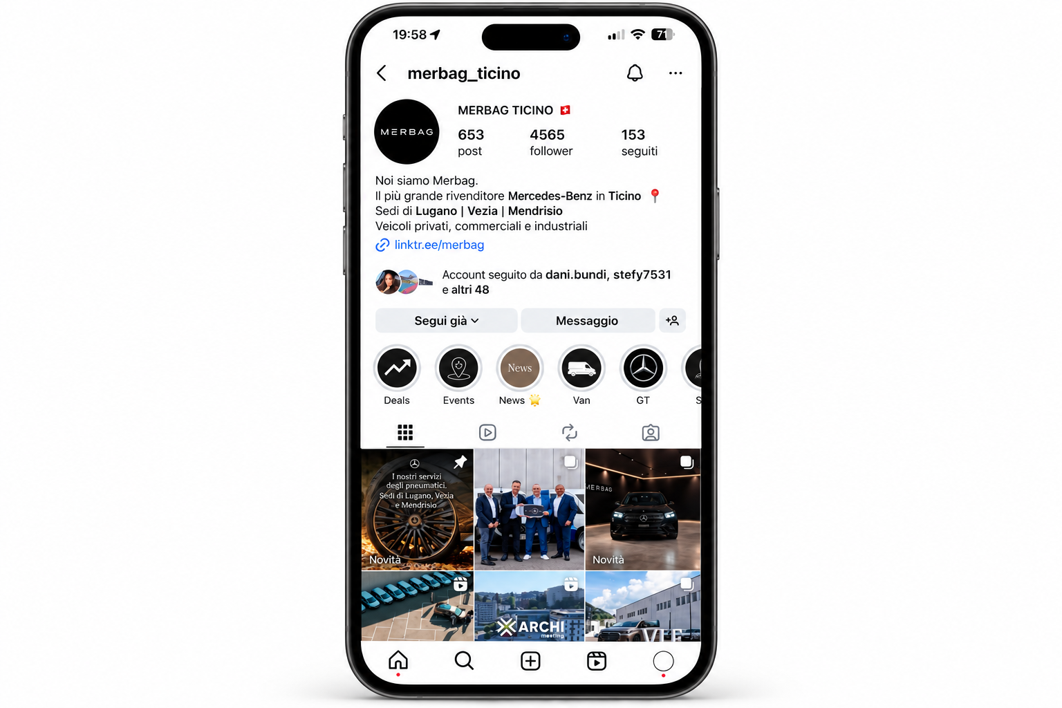 Mockup iPhone del profilo Instagram Merbag Ticino